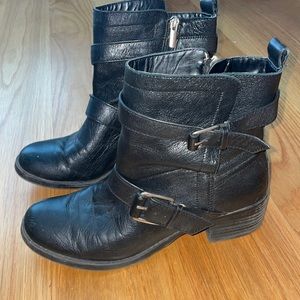 Black sole society booties with silver buckles and zipper. Size 8